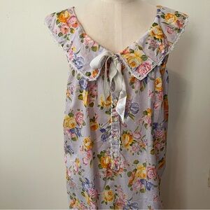 VTG Talbots Womens Nightgown Purple Floral Ribbon Tie Sz. L Ruffle Neck Fairy